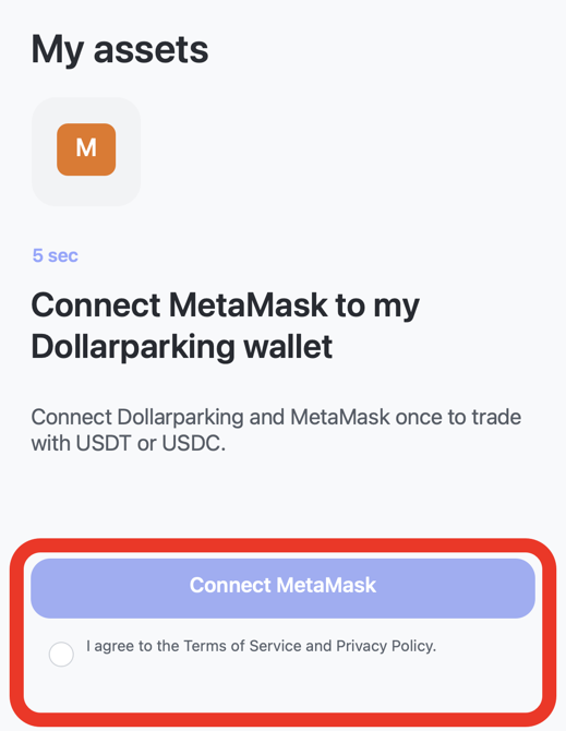 Screen for selecting the Connect MetaMask button in Dollarparking