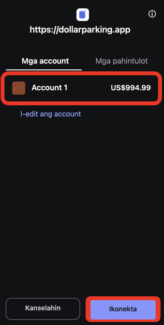 Screen sa pagpili at pagkonekta ng account sa MetaMask
