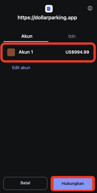 Layar untuk memilih dan menghubungkan akun di MetaMask