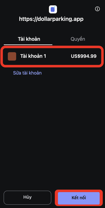Màn hình chọn tài khoản và kết nối trong MetaMask