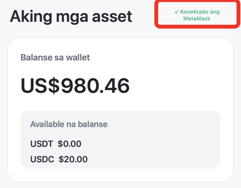 Screen na nagpapakitang nakakonekta ang MetaMask sa Dollarparking