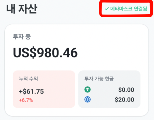 달러파킹에 메타마스크가 연결된 화면